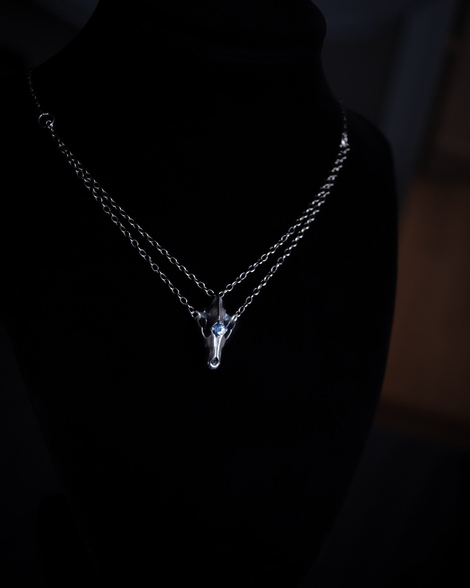 Northfang - A Sterling Silver Wolf Skull Pendant, w/ Icy Blue Tanzanite