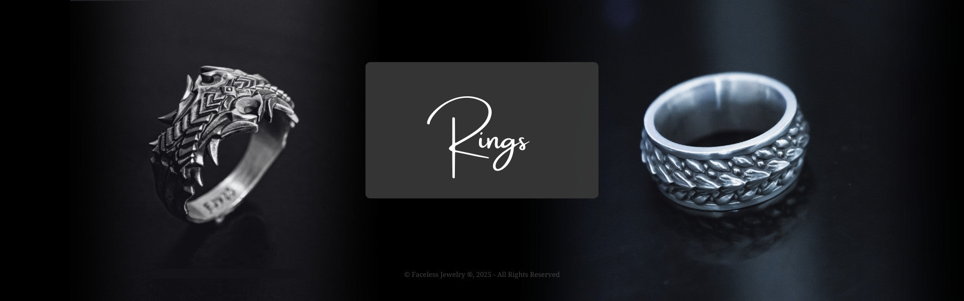 rings category banner showing the infernal dracken and mystic dragon scale rings in sterling silver