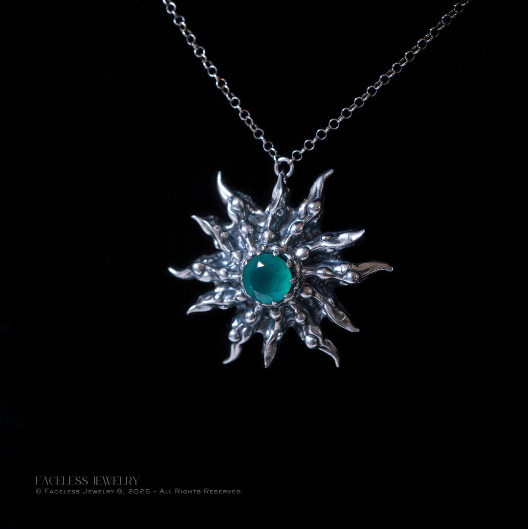 Chrysalis Sun – Sterling Silver &amp; Green Chalcedony Pendant (One of a Kind)
