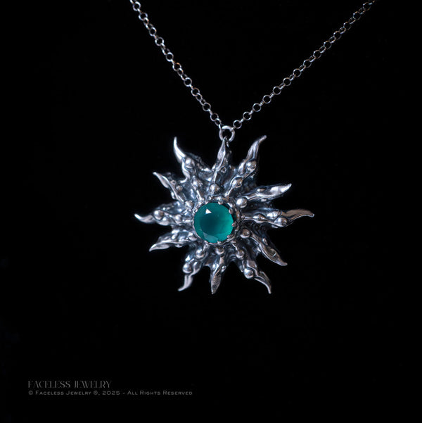 Chrysalis Sun – Sterling Silver & Green Chalcedony Pendant (One of a Kind)