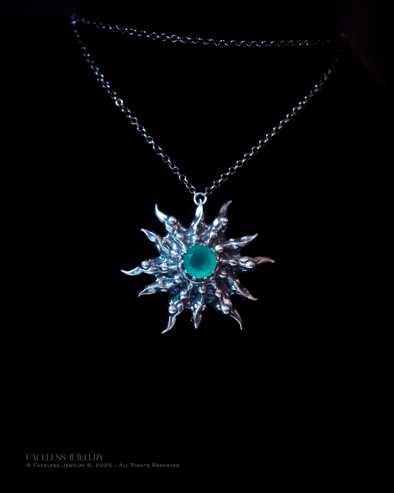 Chrysalis Sun – Sterling Silver &amp; Green Chalcedony Pendant (One of a Kind)