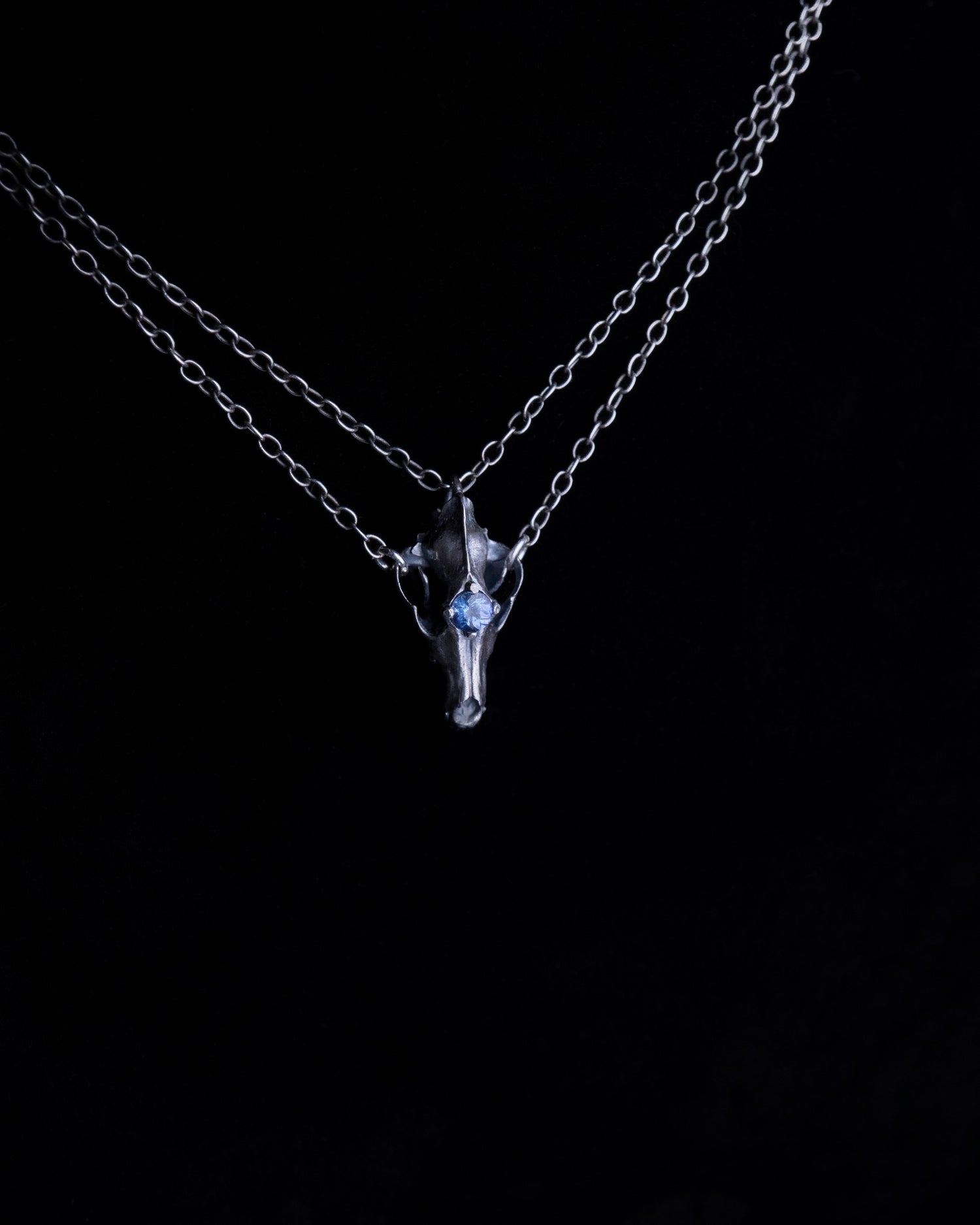 Northfang - A Sterling Silver Wolf Skull Pendant, w/ Icy Blue Tanzanite