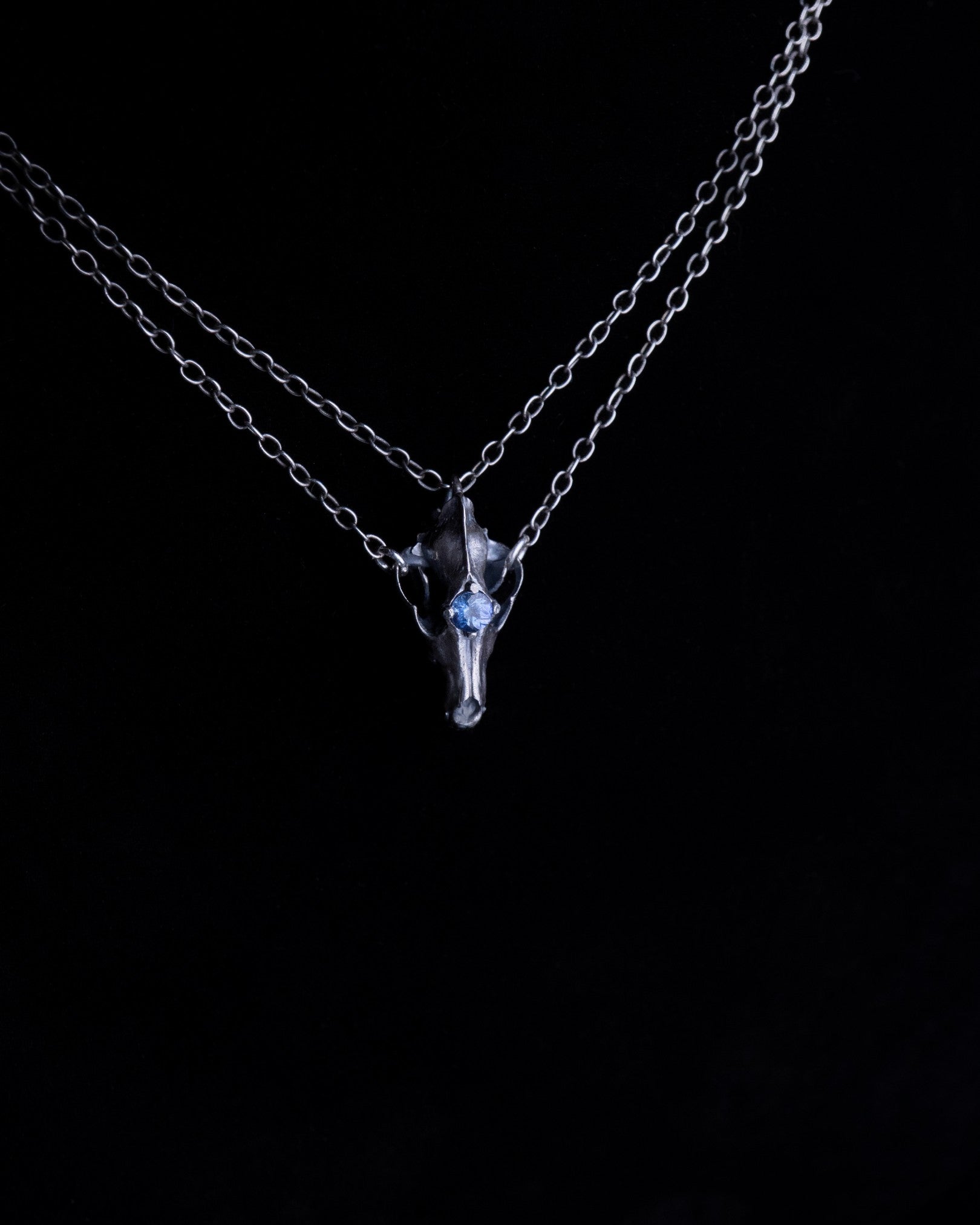 Northfang - A Sterling Silver Wolf Skull Pendant, w/ Icy Blue Tanzanite