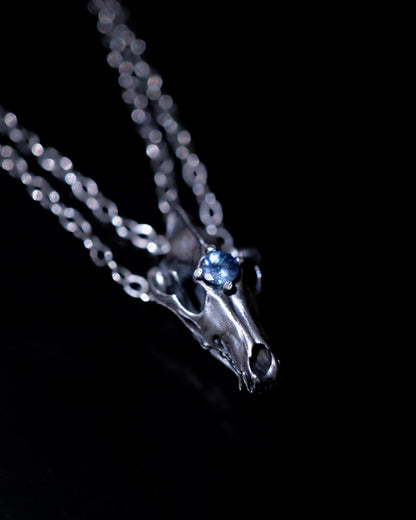 Northfang - A Sterling Silver Wolf Skull Pendant, w/ Icy Blue Tanzanite