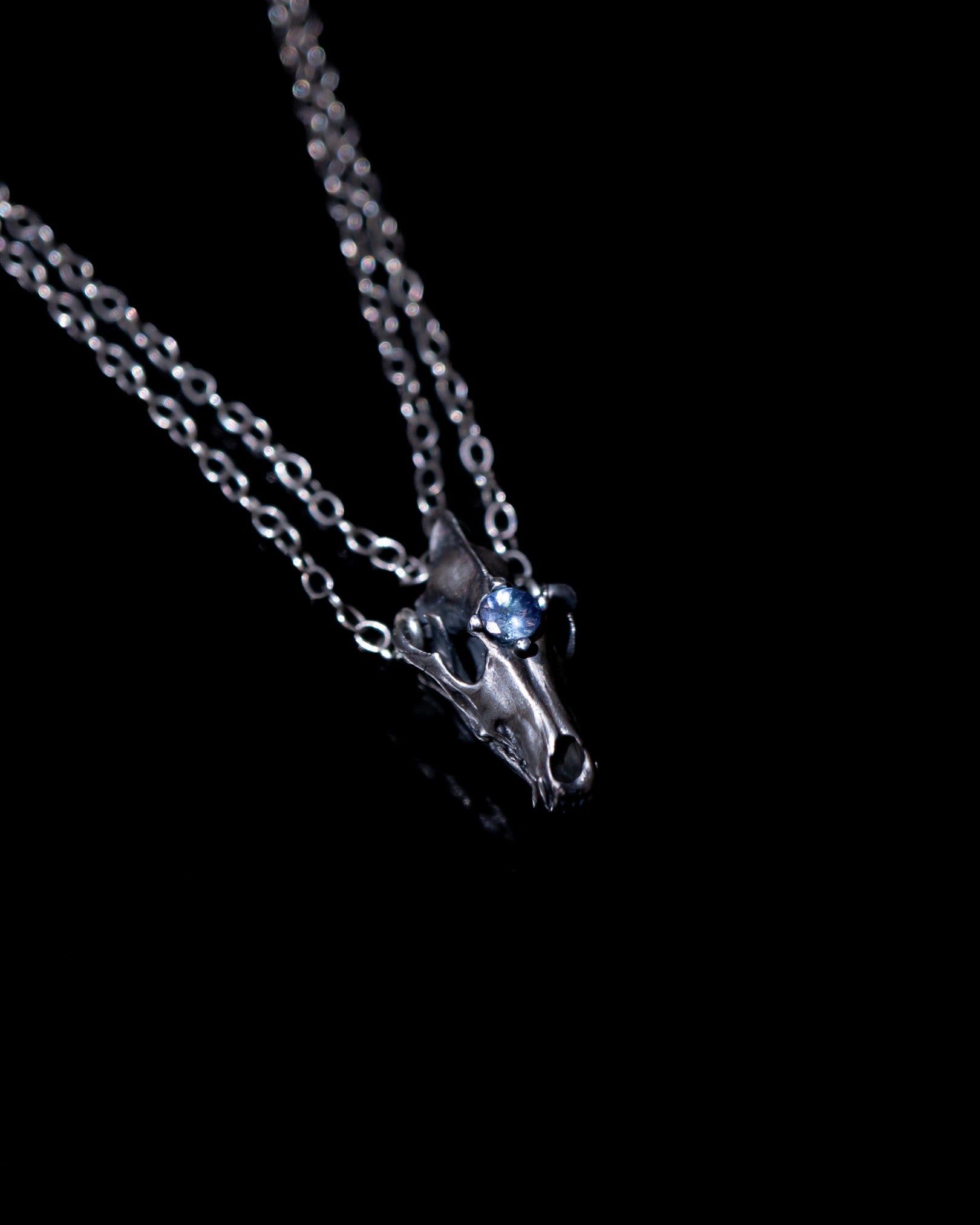 Northfang - A Sterling Silver Wolf Skull Pendant, w/ Icy Blue Tanzanite