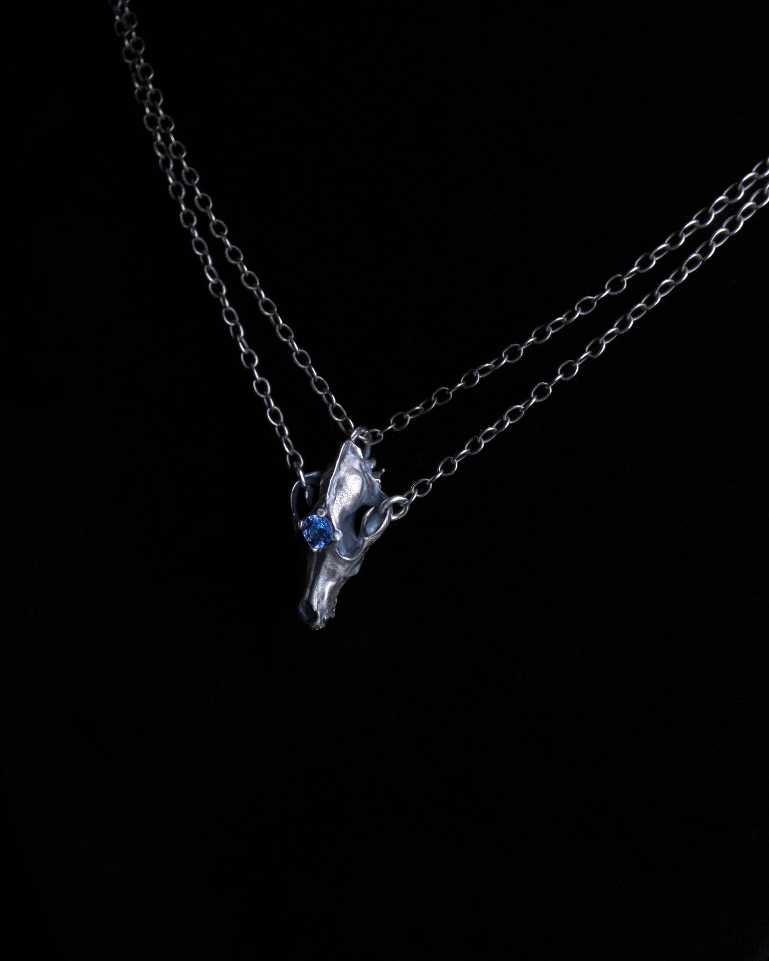 Northfang - A Sterling Silver Wolf Skull Pendant, w/ Icy Blue Tanzanite